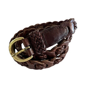 Vintage AMIEE LYNN Brown Genuine Leather Weaved Woven Belt Brass Gold Buckle S/M